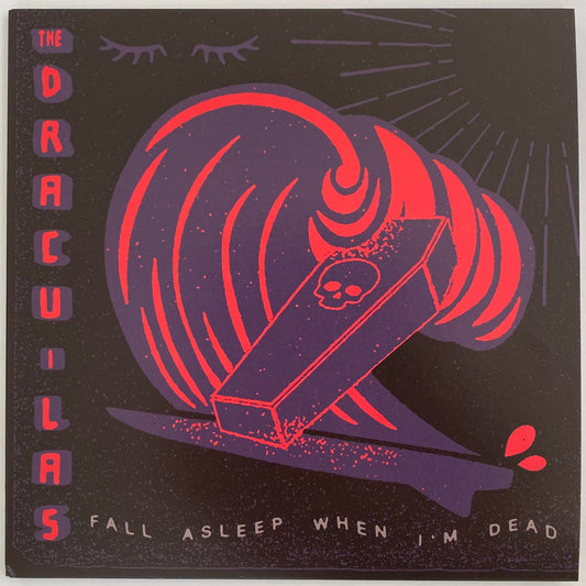 Fall Asleep When I'm Dead Album cover with red and purple surfing coffin design on a black background
