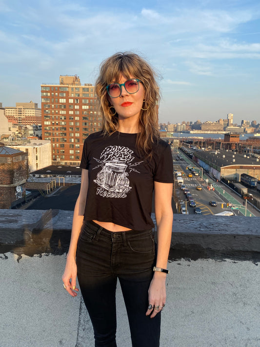 Short Sleeve Women's Flowy Crop Power Trash Records Shirt - Black