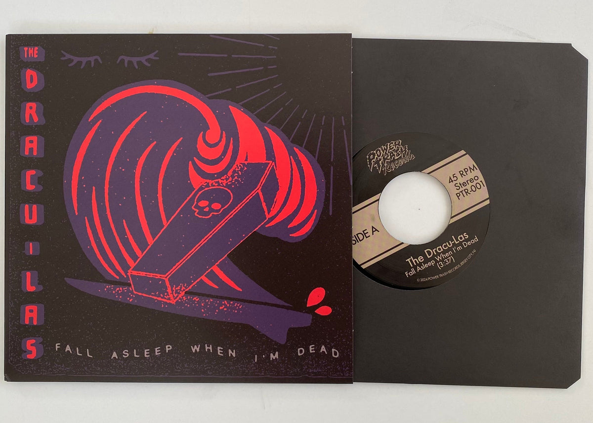 Vinyl record with cover featuring a red and purple design on a white background
