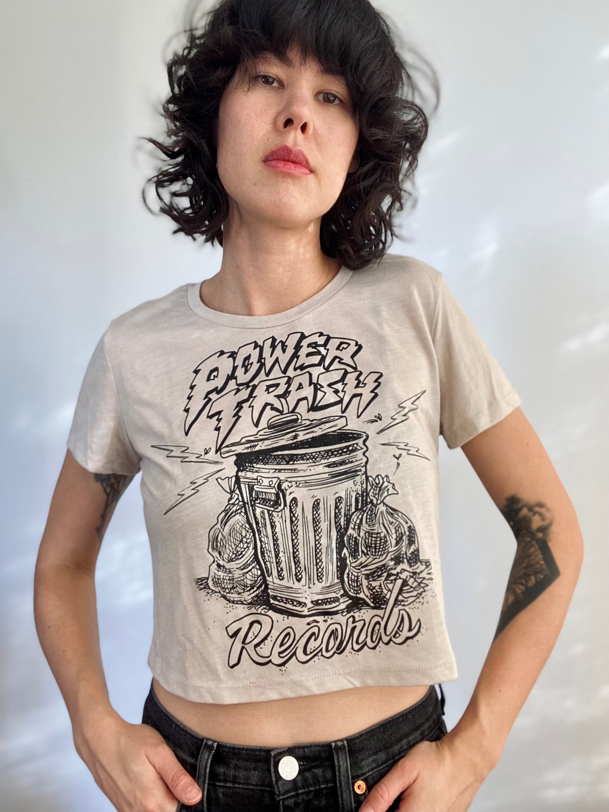 Short Sleeve Women's Flowy Crop Power Trash Records Shirt - Vintage White