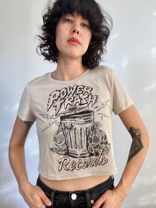 Short Sleeve Women's Flowy Crop Power Trash Records Shirt - Vintage White